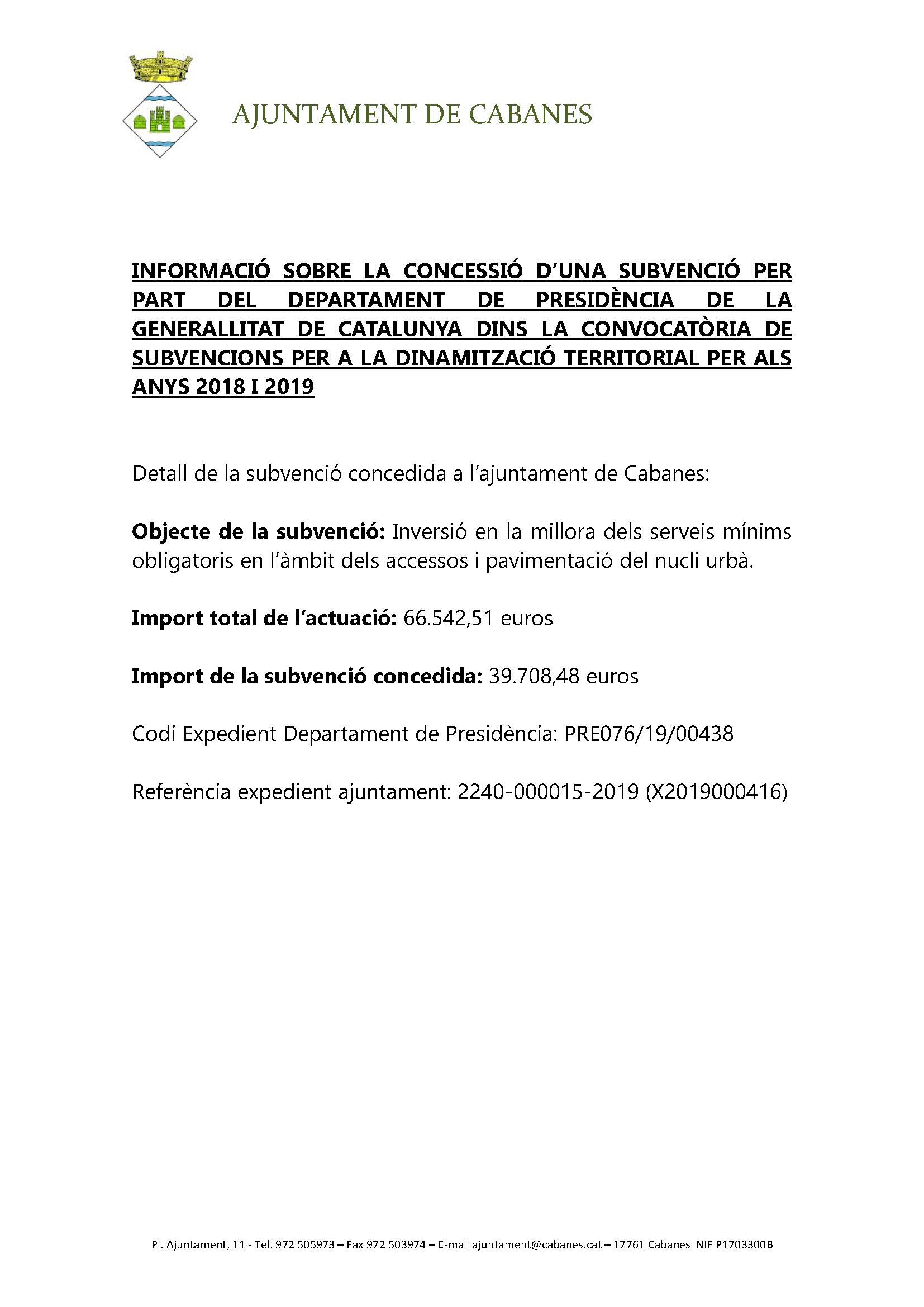 informacio sobre la concessio d'una subvenció